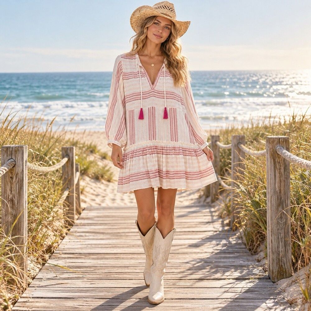 Allison New York Karly Resortwear Party Dress Pink Babydoll M 70’s Boho Coastal